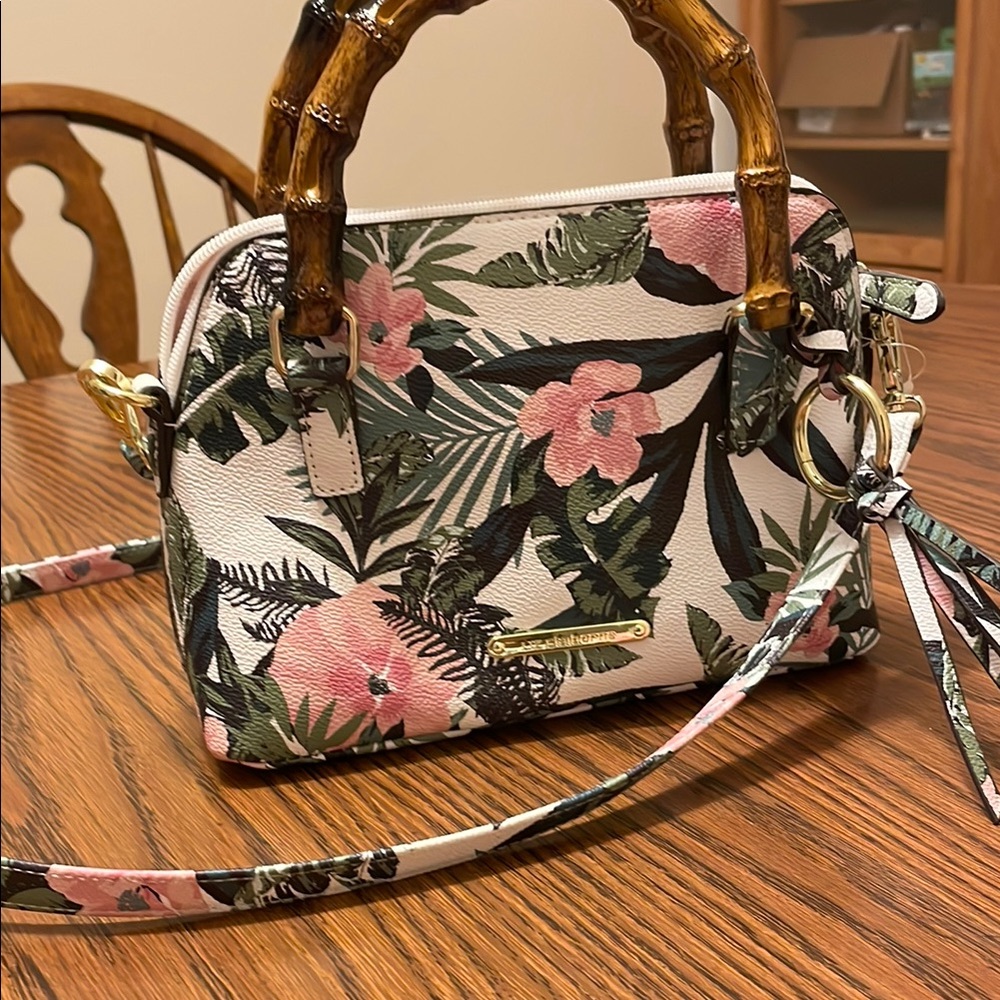 Liz Claiborne Pink and Green Satchel with Tropical Print and Bamboo Handles
